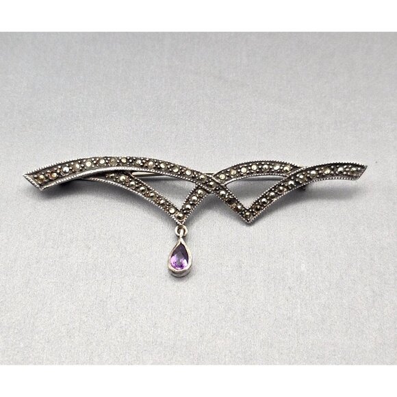 Estate Jewelry Jewelry - VTG Sterling Silver & Marcasite Brooch w/ Amethyst Teardrop Pendant Bezel Settin
